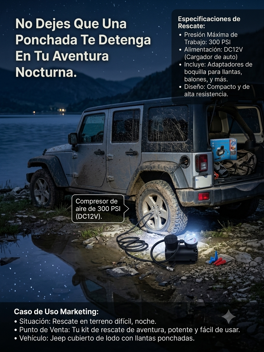 Compresor Inflador de Aire Portátil para llantas 300 PSI 12V