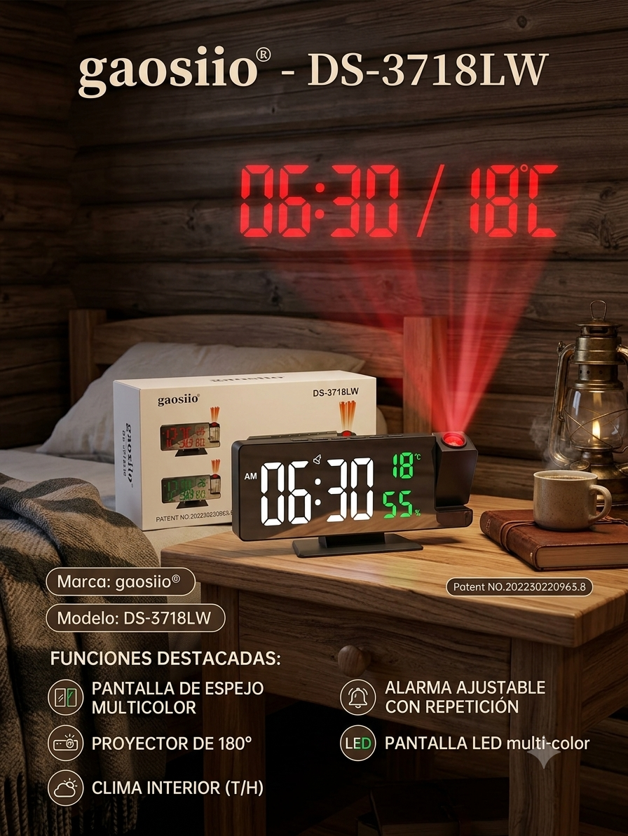 Reloj Proyector gaosiio® DS-3718LW con Espejo LED