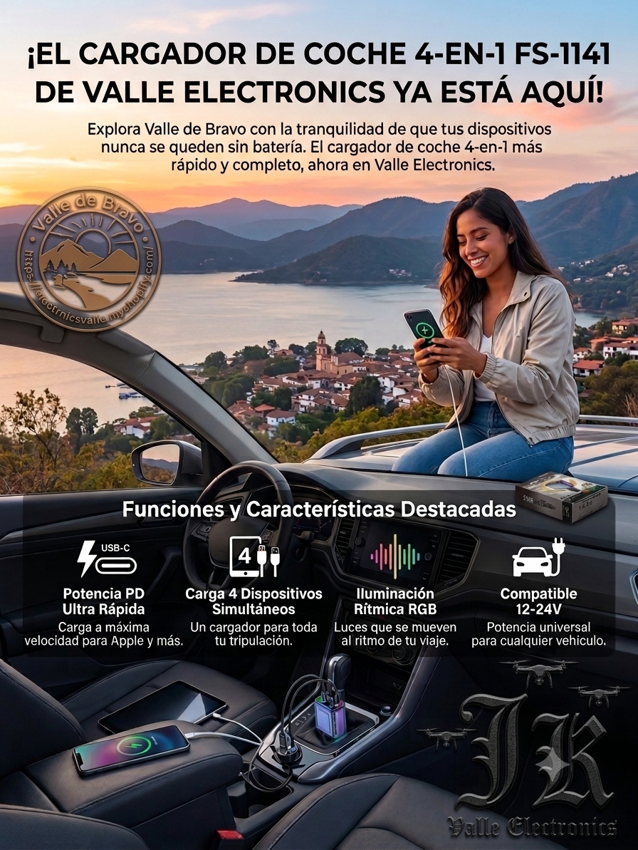 🔥 Cargador de Coche 4 en 1 de Carga Súper Rápida (PD) y Luz RGB 🔥