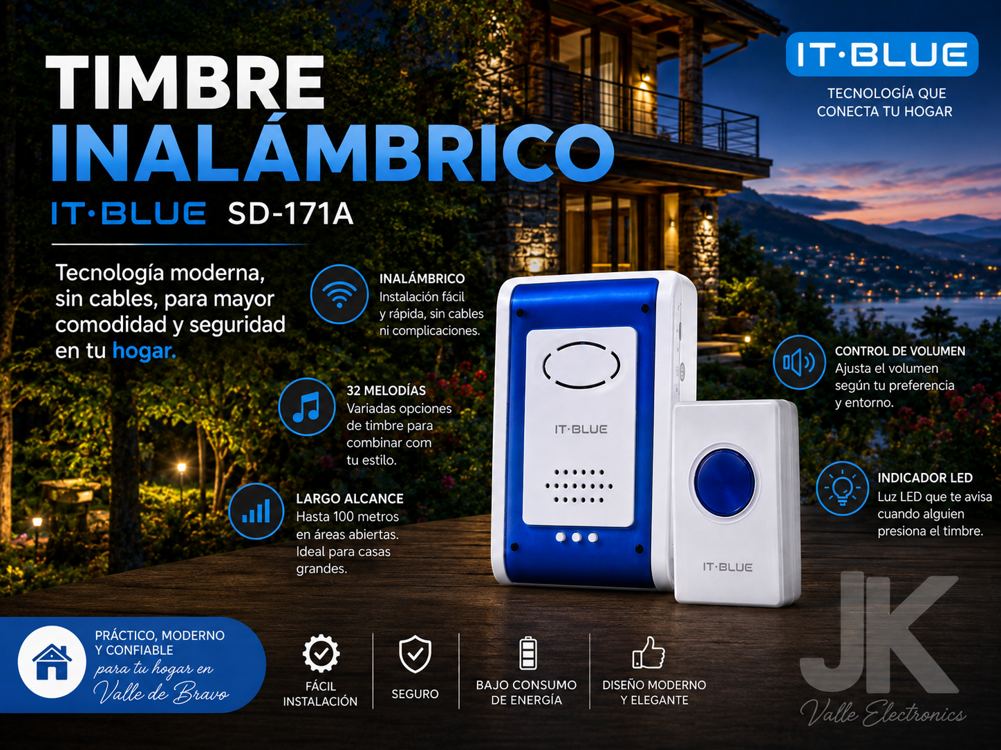 Timbre Inalámbrico Digital IT-BLUE Modelo SD-171A - 32 Melodías