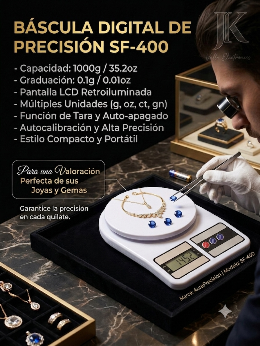 Báscula Digital de Precisión SF-400 - Capacidad de 1000g / 0.1g, Pantalla LCD, Unidades Múltiples (g, oz, ct, gn).